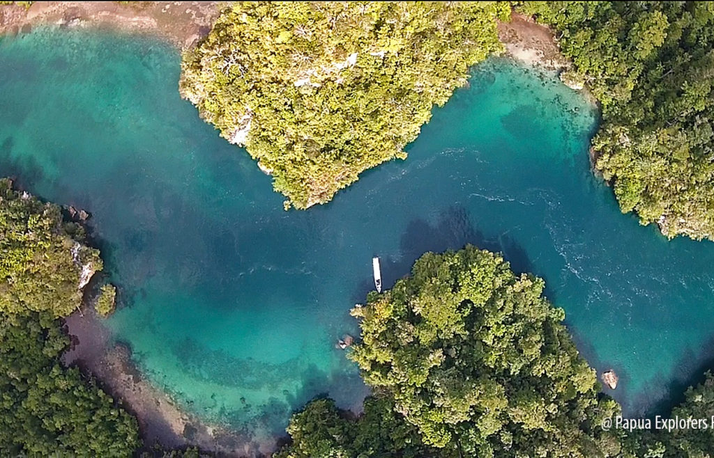 the winding waterway of the passage between gam and waigeo island in raja ampat