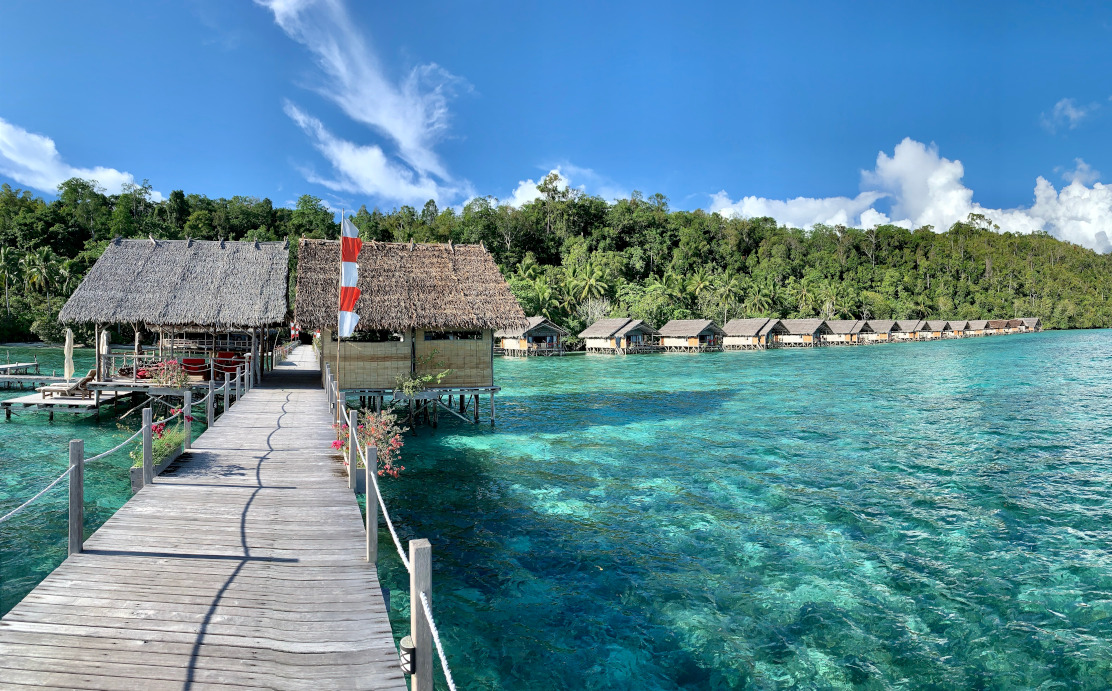 our main jetty and water bungalows of Papua Explorers Dive Resort