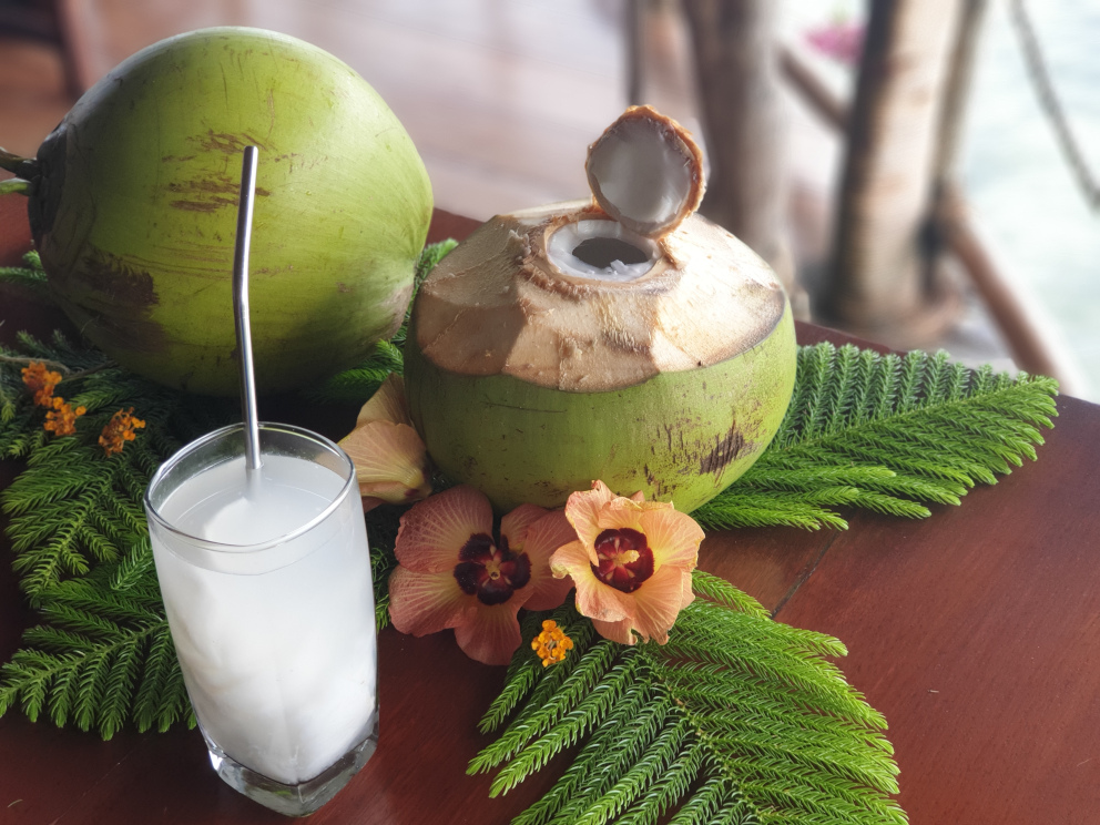 coconuts, a glass with coconut drink and flower decoration by Papua Explorers Eco Resort Raja Ampat