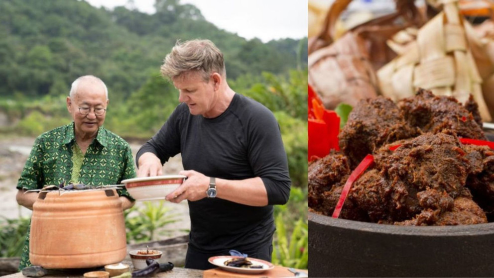 (English) two chefs cooking the Indonesian Rendang dish, the right side of the photo showing the finished dish