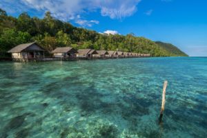 our water bungalows lined up at the ocean shore in a row