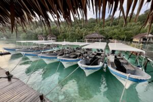 Diving Boat, sundeck and spa in the background at Papua Explorers in Raja Ampat