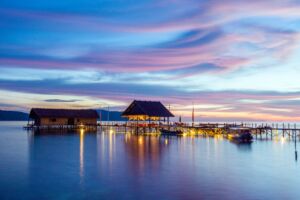 dive centre and main jetty of Papua Explorers Resort during sunset