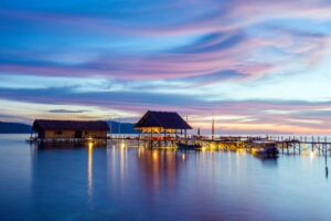 dive centre and main jetty of Papua Explorers Resort during sunset