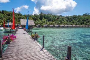 the Papua Explorers resort layout with its water bungalows, main jetty, restaurant and spa