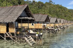 the Papua Explorers resort layout with its water bungalows, main jetty, restaurant and spa