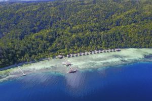 Aerial view of Papua Explorers resort in Raja Ampat on the island Gam